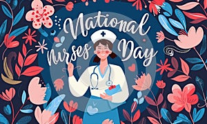National Nurses day holiday background. Illustration of happy smiling nurse and modern calligraphy lettering