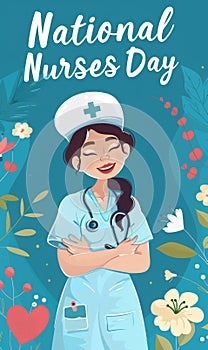 National Nurses day holiday background. Illustration of happy smiling nurse and modern calligraphy lettering