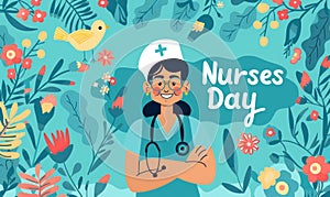 National Nurses day holiday background. Illustration of happy smiling nurse and modern calligraphy lettering