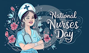 National Nurses day holiday background. Illustration of happy smiling nurse and modern calligraphy lettering