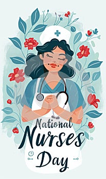 National Nurses day holiday background. Illustration of happy smiling nurse and modern calligraphy lettering