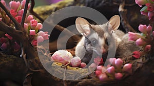 National Opossum Day, Brushtail Possum Or Trichosurus Vulpecula Sits In Nest On Blooming