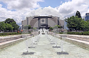 National palace of culture  NDK  with fountains in front , with blue sky and clouds, in Sofia, Bulgaria on june 22, 2020