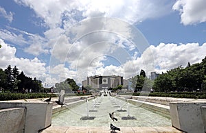 National palace of culture  NDK  with fountains in front, in Sofia, Bulgaria