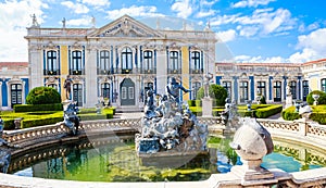The National Palace of Queluz - Lisbon. Neptunes Fountain and the Ceremonial Facade of the Corps de Logis designed by