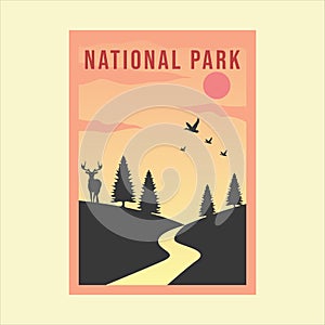 national park minimalist vintage poster vector illustration template graphic design. deer pines and hill banner simple retro