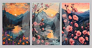 National Park and Preserve, acrylic painting art award winning, spring flowers, sunset, peaceful, balance, bird. Print canvas