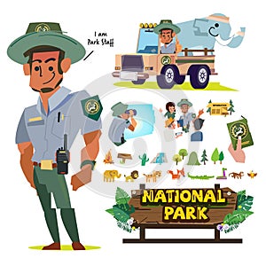 National Park Service employees or staff, Forest officer character set. job and career in national park concept -