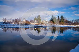 National park Thingvellir in winter and its reflections