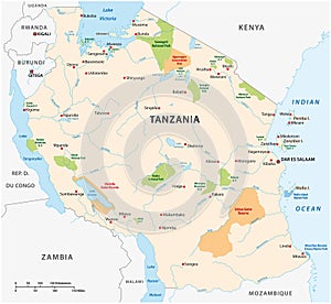 National park vector map of the East African state of Tanzania