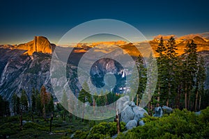 National Park Yosemite Half Dome lit by Sunset Light Glacier Poi