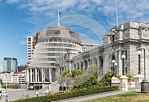 National Parliament and Beehive Government building in Wellington.
