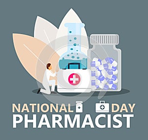 National Pharmacist Day is celebrated in January 12. Doctor of pharmacy is working in drugstore and standing near medicine pills,