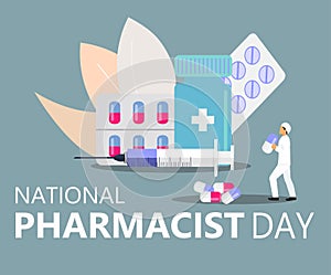 National Pharmacist Day is celebrated in January 12. Doctor of pharmacy is working in drugstore and standing near medicine pills,