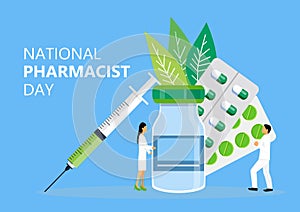 National Pharmacist Day is celebrated in January 12. Doctor of pharmacy is working in drugstore and standing near medicine pills,