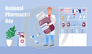 National Pharmacist Day is celebrated in January 12. Healthcare concept vector. Pharmacy seller is working in drugstore