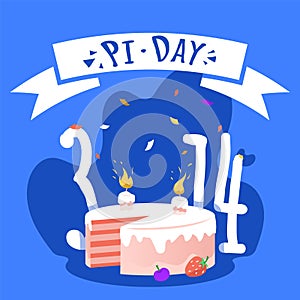 National Pi day square banner template. Pi Pie for mathematicians with birthday candle on it, 3,14 numbers and confetti