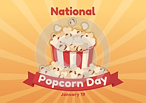 National Popcorn Day on January 19th with a Big Box of Red and White Stripe in Flat Cartoon Background Hand Drawn Templates