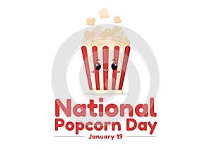 National Popcorn Day on January 19th with a Big Box of Red and White Stripe in Flat Cartoon Background Illustration