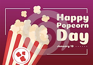 National Popcorn Day on January 19th with a Big Box of Red and White Stripe in Flat Cartoon Background Illustration