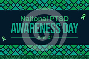 National PTSD Awareness Day, background with traditional border design and ribbons