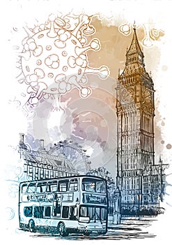 National quarantine background. London Iconic view with Big Ben and doubledecker bus with coronavirus particles.