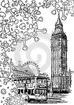 National quarantine background. London Iconic view with Big Ben and doubledecker bus with coronavirus particles.