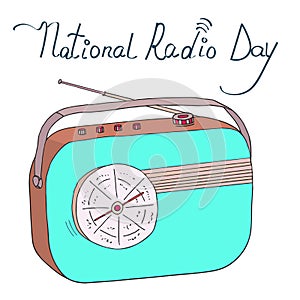 National Radio Day poster with blue radio and text.