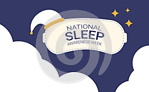 National sleep awareness week banner. Sleeping mask with text card poster. Template for holiday design. Vector illustration