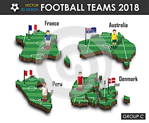 National soccer teams 2018 group C . Football player and flag on 3d design country map . isolated background . Vector for internat