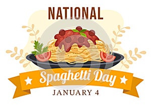 National Spaghetti Day on 4th January with a Plate of Italian Noodles or Pasta Different Dishes in Flat Cartoon Illustration