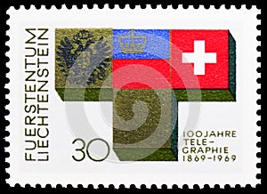 National symbols of Austria, Liechtenstein and Switzerland, 100 years of telegraphy in Liechtenstein serie, circa 1969