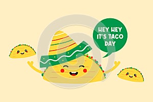 National Taco Day greeting card, illustration with cute and funny cartoon style taco characters. October 4