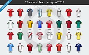 National team soccer jersey 2018 uniform group set, Football players mock-up for your presentation the match results