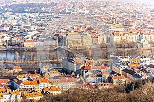 National Theatre, Czech: Narodni divadlo, and Vltava River in Prague. Aerial view from Petrin Tower, Prague, Czech