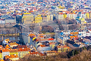 National Theatre, Czech: Narodni divadlo, and Vltava River in Prague. Aerial view from Petrin Tower, Prague, Czech