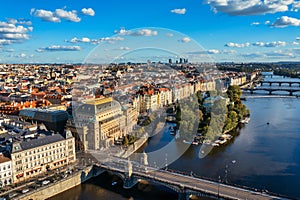 National Theatre located in Prague, Czech Republic on the Vltava River. Legion bridge on river Vltava. National Theatre Narodni