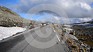 National tourist snow road Aurlandsvegen in Norway.