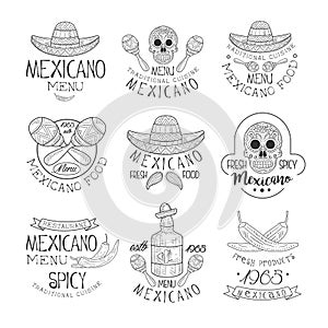 National Traditional Mexican Cuisine Restaurant Hand Drawn Black And White Sign Design Template Collection With Cultural
