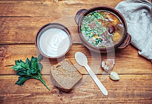 National Ukrainian dish â€“ red borsch with beans and cut green onion