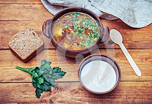 National Ukrainian dish â€“ red borsch with beans and cut green onion