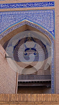 National Uzbek blue Khiva majolica on the historic building