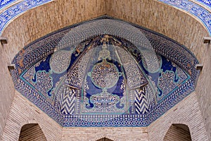 National Uzbek blue Khiva majolica on the historic building