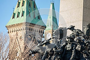 National War memorial of Ottawa, Ontario, Canada, facing the Canadian parliament, with its statues of soldiers from WWI