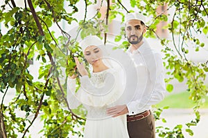 National wedding. Bride and groom. Wedding muslim couple during the marriage ceremony. Muslim marriage.