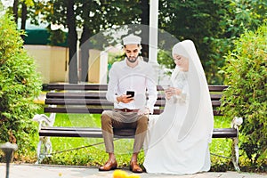 National wedding. Bride and groom. Wedding muslim couple during the marriage ceremony. Muslim marriage.