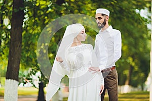 National wedding. Bride and groom. Wedding muslim couple during the marriage ceremony. Muslim marriage.