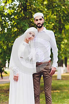 National wedding. Bride and groom. Wedding muslim couple during the marriage ceremony. Muslim marriage.