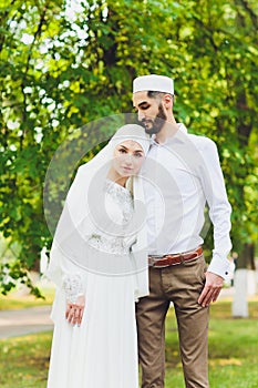 National wedding. Bride and groom. Wedding muslim couple during the marriage ceremony. Muslim marriage.