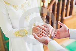 National wedding. Bride and groom. Wedding muslim couple during the marriage ceremony. Muslim marriage.